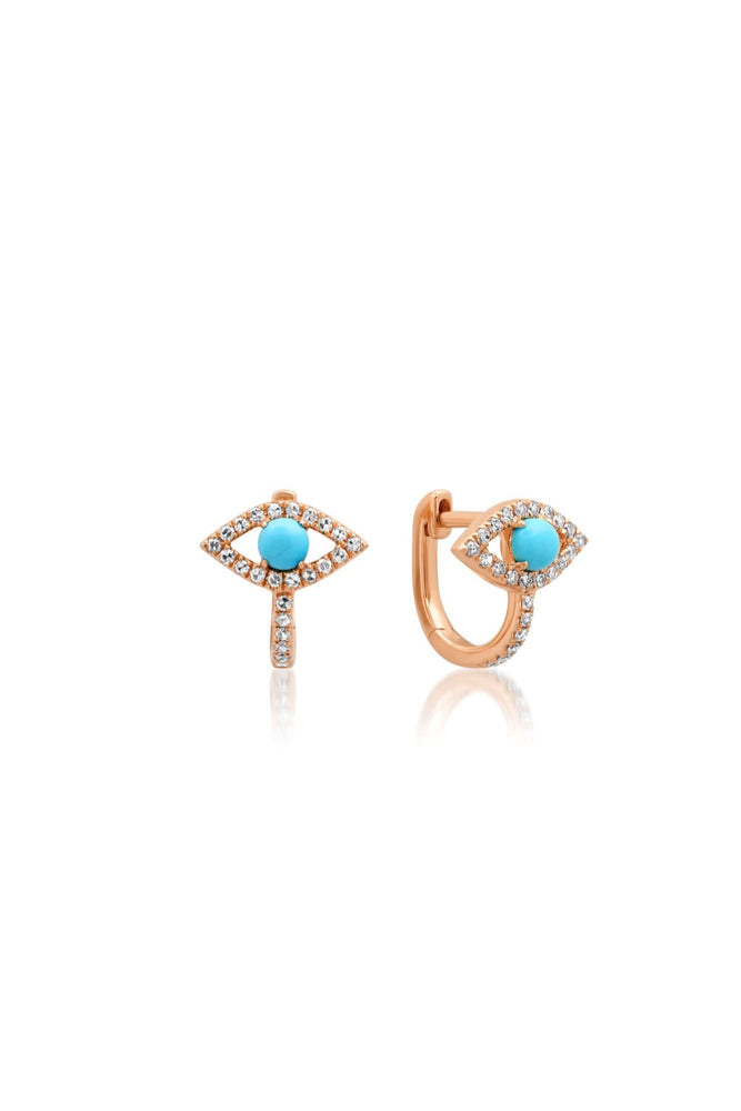 Turquoise and Diamond Evil Eye Protection Huggie Earrings