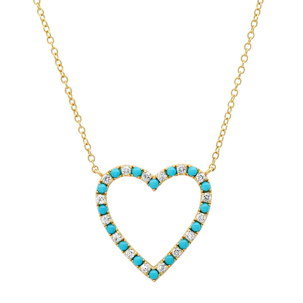 
            
                Load image into Gallery viewer, Diamond and Turquoise Open Heart Pendant Necklace
            
        