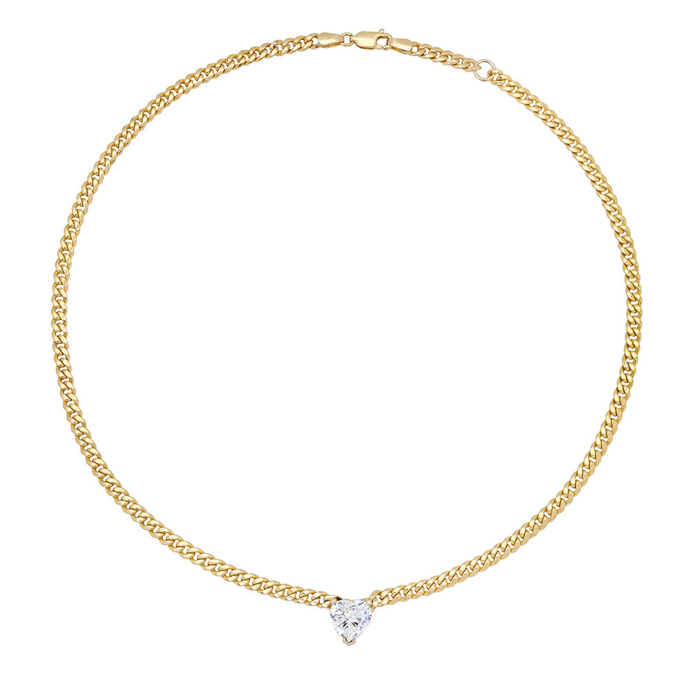 Gold Cuban link  Simulated Diamond heart necklace